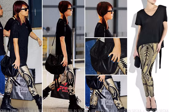 Tại sân bay, Yubin cá tính với chiếc legging lace-Print của Alexander McQueen có giá 635 USD, kết hợp cá tính với một đôi combat boots. Tại sân bay, Yubin cá tính với chiếc legging lace-Print của Alexander McQueen có giá 635 USD, kết hợp cá tính với một đôi combat boots.