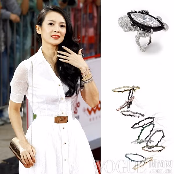 Chương Tử Di mặc váy ngắn cùng bộ trang sức CINDY CHAO từ nhẫn đến vòng tay.