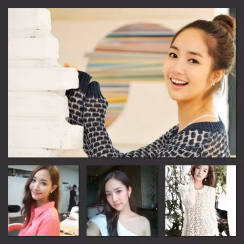 Park Min Young hiện đại với tóc búi cao, tóc dài thả sau lưng hoặc vắt qua một bên vai.