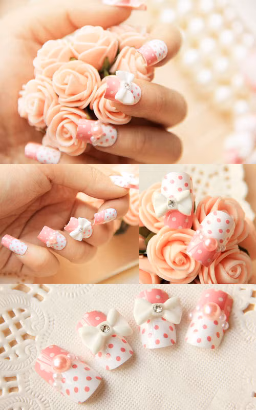 Sự kết hợp hài hòa giữa nền hồng chấm bi trắng và nền trắng chấm bi hồng đã đánh mất sự đơn giản của hình chấm bi. Xem thêm: Ngày cưới, bạn nên sơn móng tay thế nào?
