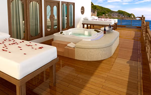 Khu bể sục trên tàu Âu Cơ Khu Jacuzzi với không gian mở ra mạn thuyền cho sự giao hòa với khí trời là nơi lý tưởng cho du khách vừa thưởng thức hương vị cocktail độc đáo, vừa chăm sóc sức khỏe mà vẫn có thể thưởng ngoạn cảnh đẹp ngoạn mục nơi tàu đang đi qua. Khu bể sục trên tàu Âu Cơ Khu Jacuzzi với không gian mở ra mạn thuyền cho sự giao hòa với khí trời là nơi lý tưởng cho du khách vừa thưởng thức hương vị cocktail độc đáo, vừa chăm sóc sức khỏe mà vẫn có thể thưởng ngoạn cảnh đẹp ngoạn mục nơi tàu đang đi qua.