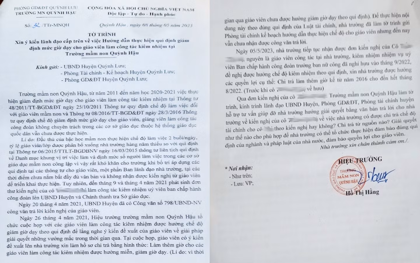 Tờ trình về việc xin ý kiến chỉ đạo của cấp trên đối với việc chi trả chế độ đối với giáo viên kiêm nhiệm công tác đoàn của Trường Mầm non Quỳnh Hậu ngày 8/5/2023 đối với trường hợp giáo viên đã về hưu. Theo Hiệu trưởng Trường Mầm non Quỳnh Hậu đến nay vẫn chưa có phản hồi của cấp trên về việc này. Ảnh: CTV