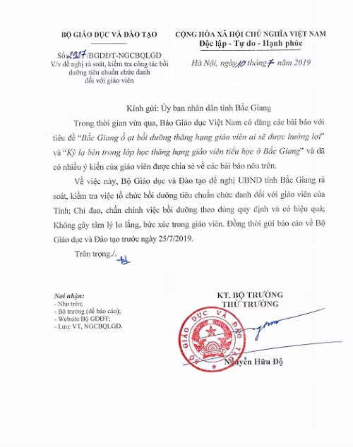 Công văn của Bộ Giáo dục và Đào tạo. Ảnh: CT Công văn của Bộ Giáo dục và Đào tạo. Ảnh: CT