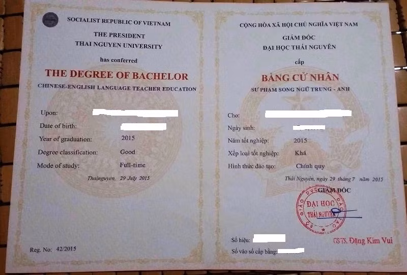 Bằng tốt nghiệp Đại học song ngữ Trung - Anh của Trường Đại học Thái Nguyên (ảnh bạn đọc cung cấp).