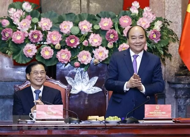 Chủ tịch nước Nguyễn Xuân Phúc tại buổi làm việc. (Ảnh: Thống Nhất/TTXVN)