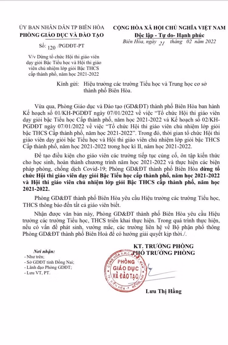 Công văn số 120/PGDĐT-PT ngày 21/2/2022 của Phòng Giáo dục và Đào tạo thành phố Biên Hòa (Đồng Nai). Ảnh: V.H