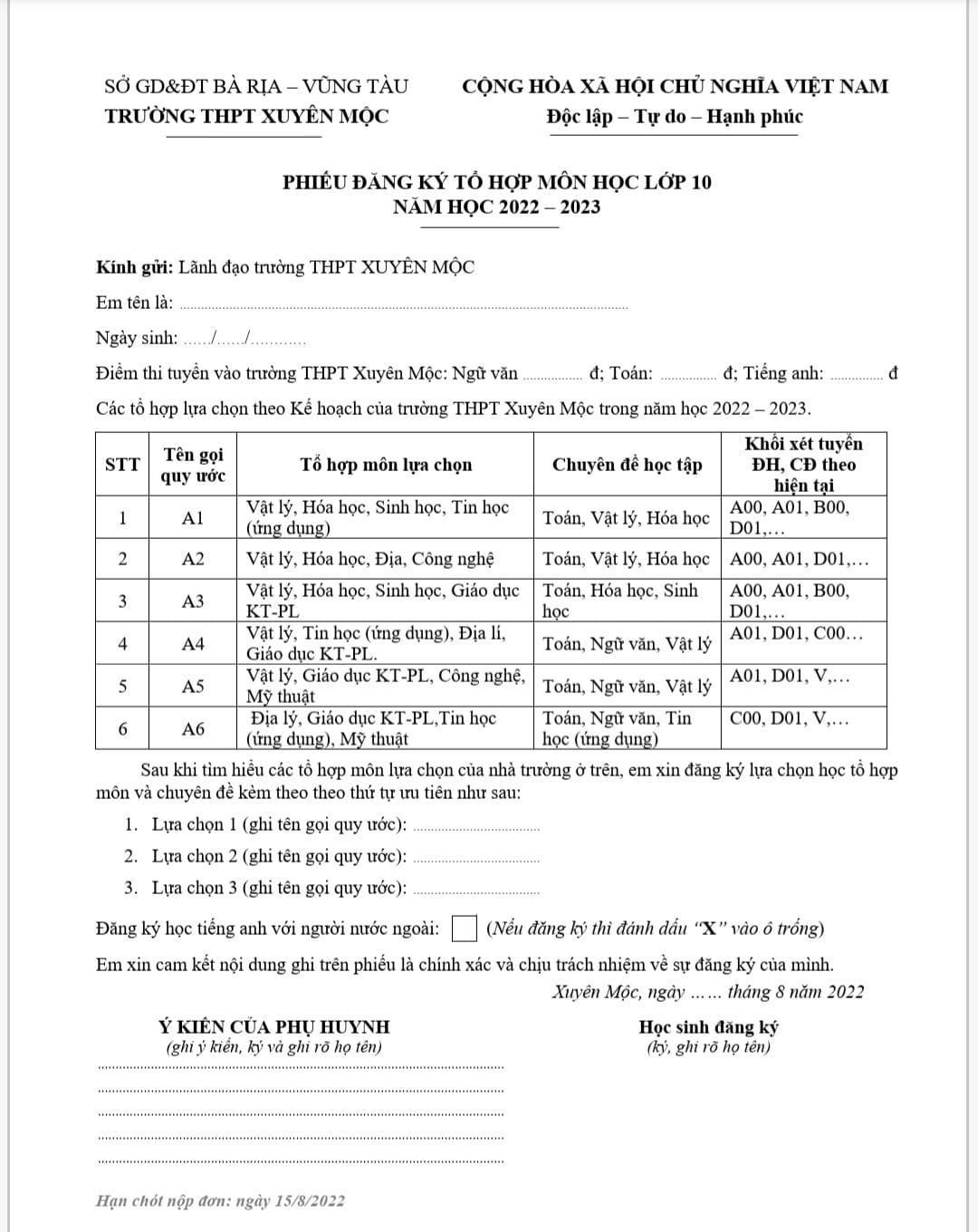 Phiếu đăng ký tổ hợp môn học lớp 10 của Trường Trung học phổ thông Xuyên Mộc. (Ảnh: Sơn Quang Huyến)