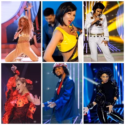 Tạo hình của Thúy Uyên: Jennifer Lopez, Thu Minh, Elvis Presley (hàng trên), Madonna, Daniel Boone, Michael Jackson (hàng giữa),Gloria Gaynor, Hồng Nhung và Hiền Thục (hàng cuối).