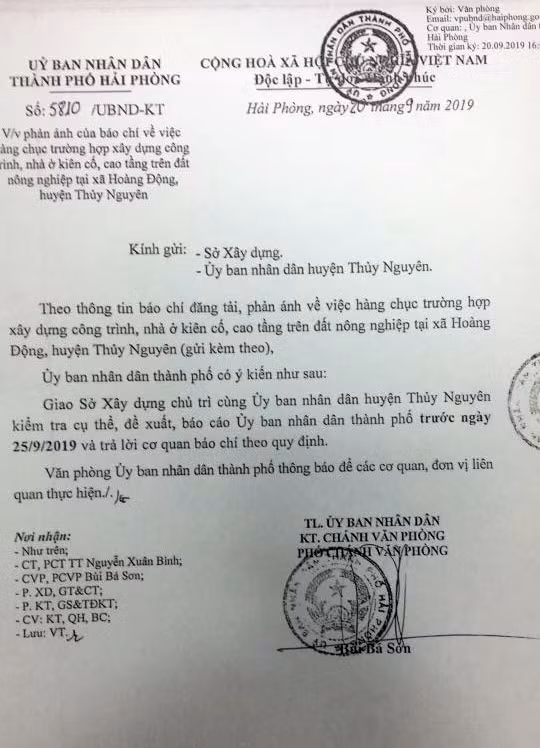 Công văn của Ủy ban nhân dân thành phố Hải Phòng chỉ đạo Sở Xây dựng, Ủy ban nhân dân huyện Thủy Nguyên kiểm tra cụ thể việc xây dựng trên đất nông nghiệp tại xã Hoàng Động (Ảnh: Lã Tiến) Công văn của Ủy ban nhân dân thành phố Hải Phòng chỉ đạo Sở Xây dựng, Ủy ban nhân dân huyện Thủy Nguyên kiểm tra cụ thể việc xây dựng trên đất nông nghiệp tại xã Hoàng Động (Ảnh: Lã Tiến)