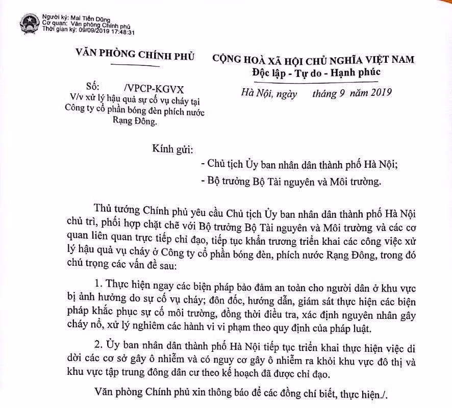 Chỉ đạo của Thủ tướng Chính phủ xử lý hậu quả vụ cháy tại Công ty cổ phần bóng đèn, phích nước Rạng Đông.