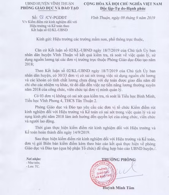 Công văn số 58/CV-PGDDT về việc yêu cầu kiểm điểm rút kinh nghiệm đối với hiệu trưởng và kế toán theo Kết luận số 02/KL-UBND huyện Vĩnh Thuận. Công văn số 58/CV-PGDDT về việc yêu cầu kiểm điểm rút kinh nghiệm đối với hiệu trưởng và kế toán theo Kết luận số 02/KL-UBND huyện Vĩnh Thuận.