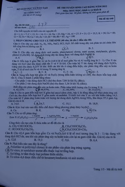 Đề thi môn Hóa học Cao đẳng năm 2012 vừa sức với thí sinh