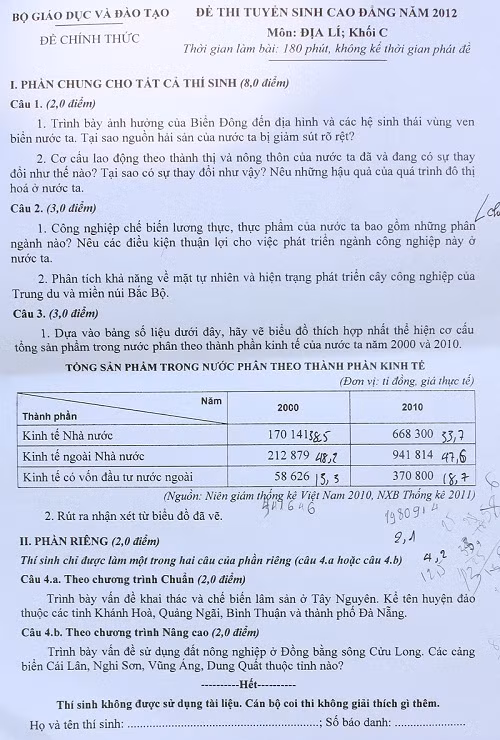 Đề thi Địa lý hệ Cao đẳng 2012