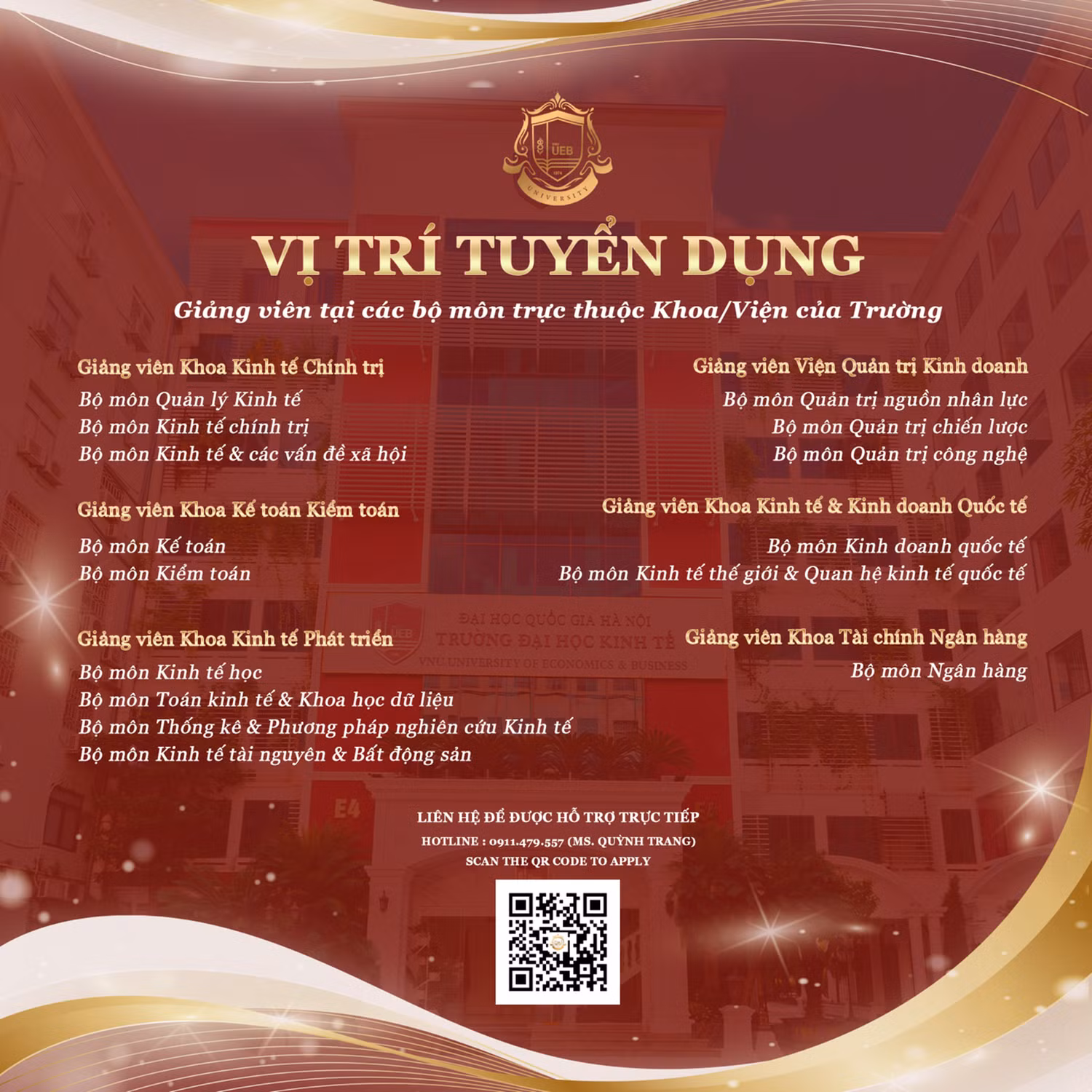 Nhà trường ưu tiên ứng viên có khả năng giảng dạy và nghiên cứu bằng tiếng Anh, có công bố quốc tế với vai trò là tác giả chính/tác giả liên hệ; được đào tạo bài bản tại nước ngoài
