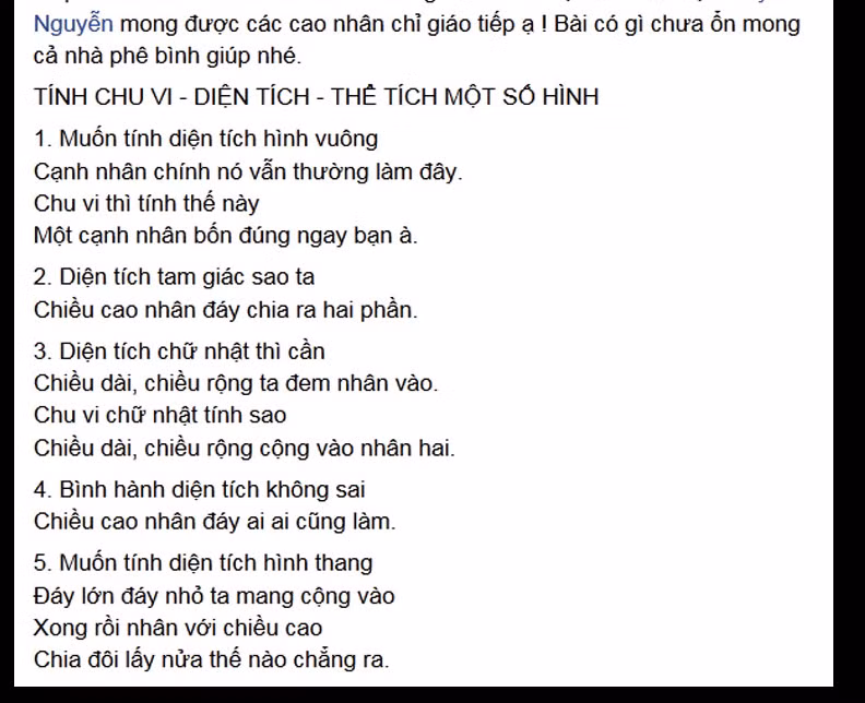 Một số cách tính công thức toán, hình học được thầy Tuyến vận dụng vào thơ để học sinh dễ nhớ.