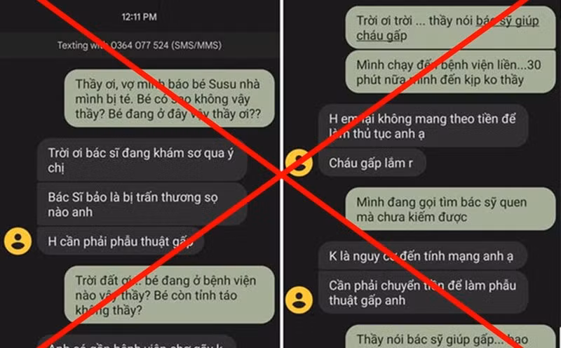 Hình ảnh nội dung tin nhắn của kẻ lừa đảo yêu cầu phụ huynh chuyển tiền để cấp cứu cho con. (Ảnh: Bộ Công an) Hình ảnh nội dung tin nhắn của kẻ lừa đảo yêu cầu phụ huynh chuyển tiền để cấp cứu cho con. (Ảnh: Bộ Công an)