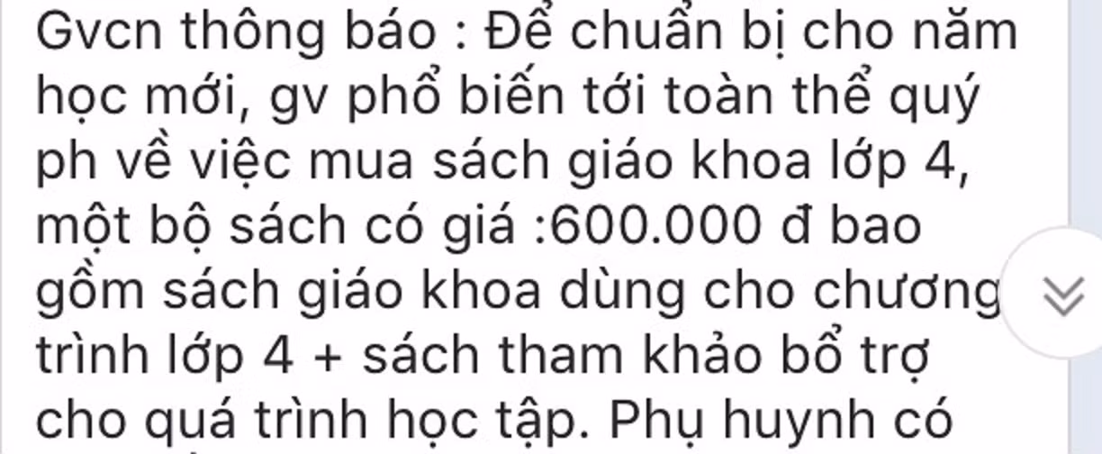 Thông báo của giáo viên chủ nhiệm Trường tiểu học Ninh Hiệp gửi nhóm kín phụ huynh đăng ký mua bộ sách 600.000 đồng. Ảnh: NVCC. Thông báo của giáo viên chủ nhiệm Trường tiểu học Ninh Hiệp gửi nhóm kín phụ huynh đăng ký mua bộ sách 600.000 đồng. Ảnh: NVCC.
