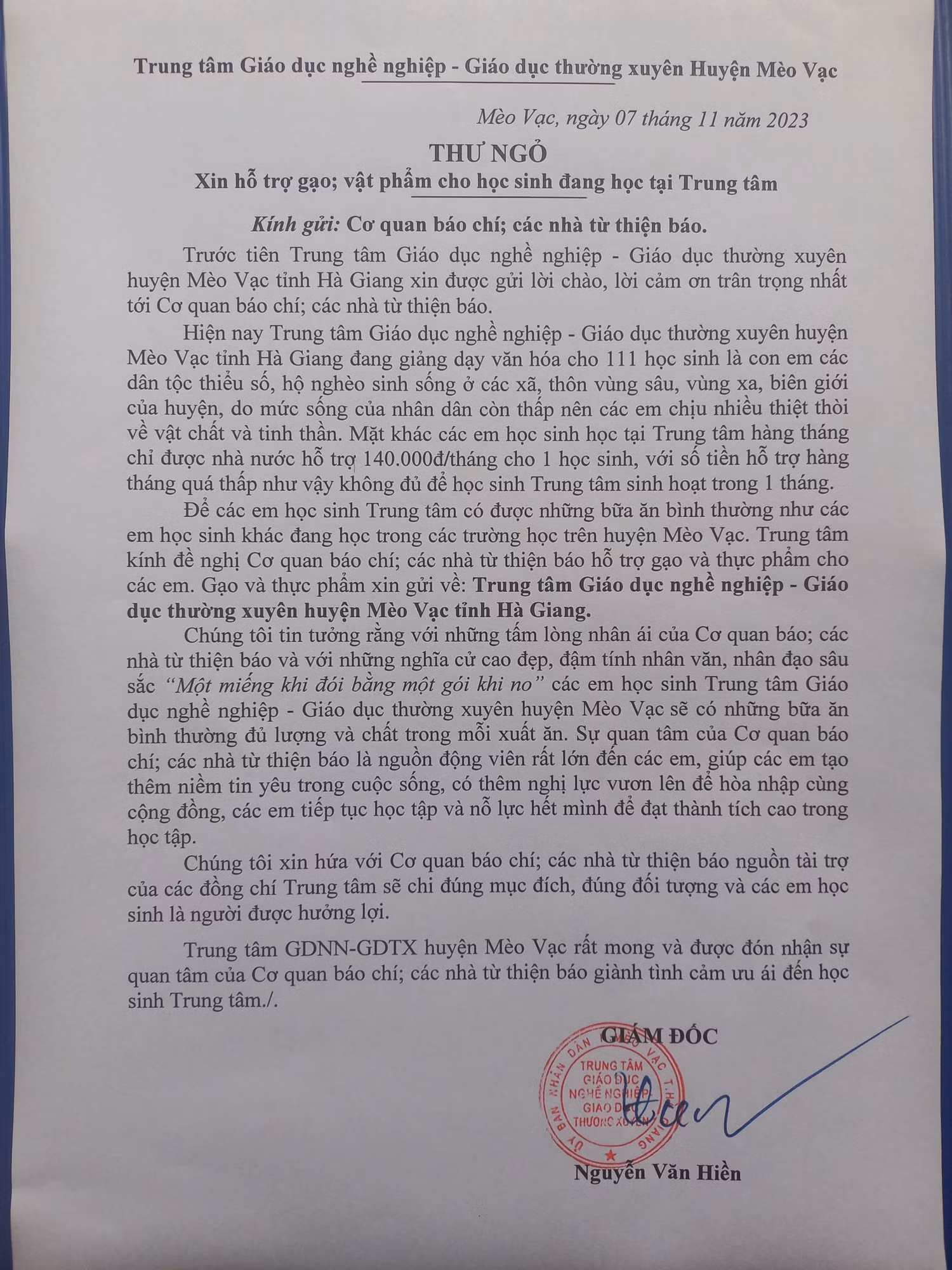 Thầy Hiền gửi Thư ngỏ đến các cơ quan đơn vị và mạnh thường quân. (Ảnh: NT)