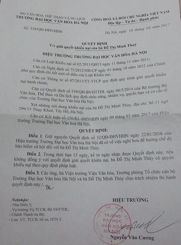 Việc từ chối kéo dài thời gian giảng dạy đối với bà Đỗ Thị Minh Thúy được Bộ Văn hóa, Thể thao và Du lịch cho rằng do trước đó đã ra hạn thêm 01 năm và nhu cầu của Trường Đại học Văn hóa Hà Nội không cần nữa. Ảnh MT.