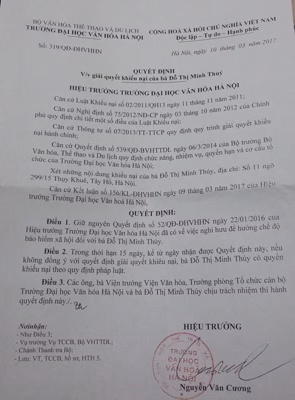 Việc từ chối kéo dài thời gian giảng dạy đối với bà Đỗ Thị Minh Thúy được Bộ Văn hóa, Thể thao và Du lịch cho rằng do trước đó đã ra hạn thêm 01 năm và nhu cầu của Trường Đại học Văn hóa Hà Nội không cần nữa. Ảnh MT. Việc từ chối kéo dài thời gian giảng dạy đối với bà Đỗ Thị Minh Thúy được Bộ Văn hóa, Thể thao và Du lịch cho rằng do trước đó đã ra hạn thêm 01 năm và nhu cầu của Trường Đại học Văn hóa Hà Nội không cần nữa. Ảnh MT.