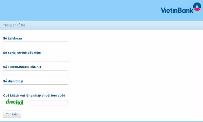 Giao diện của tiện ích tra cứu số dư sổ/thẻ tiết kiệm trên website VietinBank. Giao diện của tiện ích tra cứu số dư sổ/thẻ tiết kiệm trên website VietinBank.