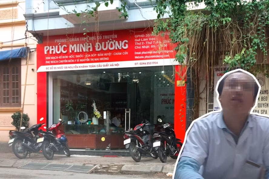 Bên ngoài Phòng khám Phúc Minh Đường và một người tự nhận là thầy thuốc tại cơ sở này. Bên ngoài Phòng khám Phúc Minh Đường và một người tự nhận là thầy thuốc tại cơ sở này.