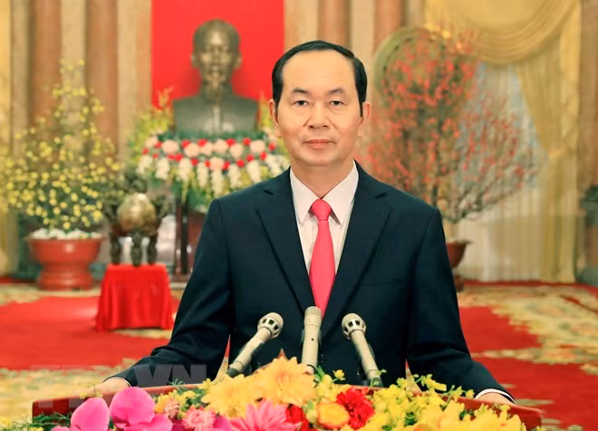 Chủ tịch nước Trần Đại Quang chúc Tết đồng bào, chiến sĩ cả nước và kiều bào Việt Nam ở nước ngoài. (Ảnh: Nhan Sáng/TTXVN)