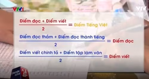 Sự dễ dãi trong đánh giá chất lượng giáo dục bậc tiểu học còn nằm ở cách tính điểm. Cách tính điểm của Thông tư 30 có thể khiến một học sinh thực tế chỉ đạt 3,5 điểm, nhưng vẫn có thể được tính thành 5 do 3 lần làm tròn theo công thức trên hình. Ảnh chụp màn hình VTV.