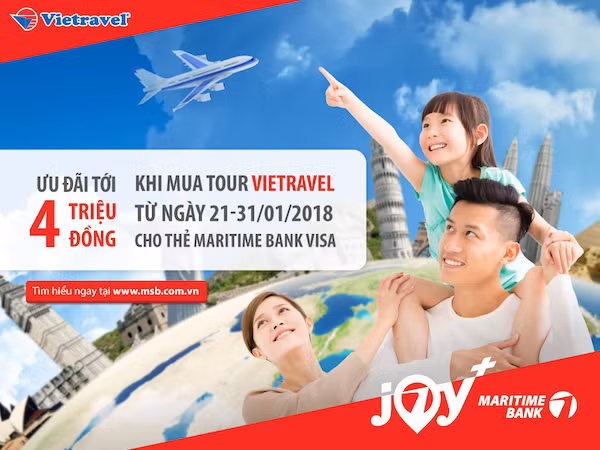 Khi đặt bất cứ chuyến du lịch (tour) nào tại Vietravel và thanh toán bằng thẻ tín dụng du lịch Maritime Bank Visa, bạn sẽ được nhận ngay “lì xì” lên đến 4 triệu đồng.