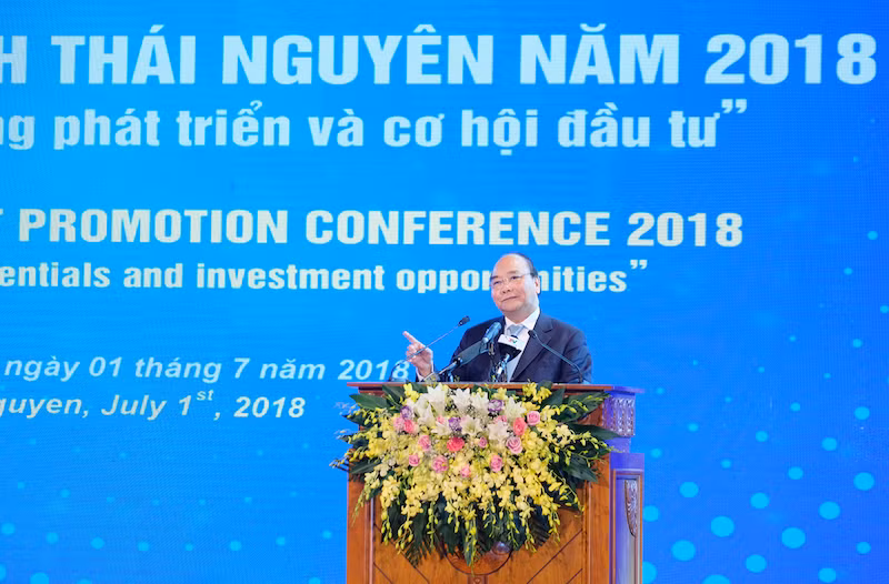 Thủ tướng phát biểu tại Hội nghị xúc tiến đầu tư tỉnh Thái Nguyên năm 2018. Ảnh: VGP