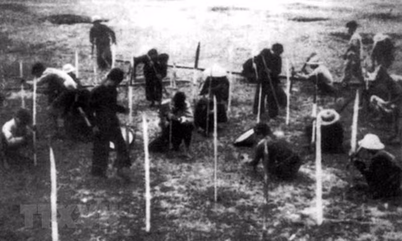 Nhân dân Phú Thọ cắm chông chống quân Pháp nhảy dù trong chiến dịch Việt Bắc-Thu Đông 1947. (Ảnh: Tư liệu/TTXVN phát)