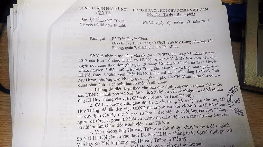 Văn bản Sở Y tế Hà Nội trả lời về việc bổ nhiệm ông Hà Huy Thắng (Ảnh: LC)