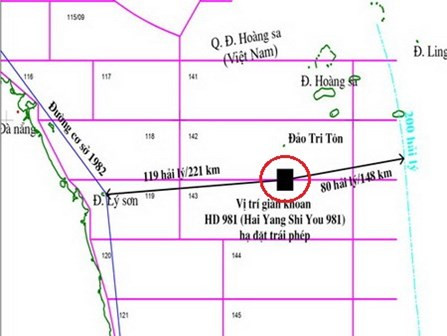 Vị trí dàn khoan HD 981 Trung Quốc đang nhăm nhe cắm chân nằm hoàn toàn trong vùng đặc quyền kinh tế, thềm lục địa của Việt Nam.