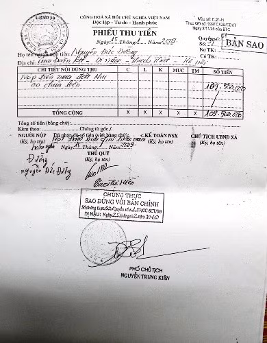 Phiếu thu tiền đất mà ông Đường đã đóng cho UBND xã Dị Nậu