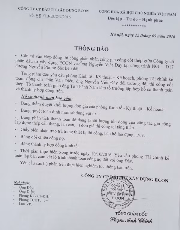 Thông báo số 58/TB-ECON/2016 ngày 22/09/2016 của Công ty ECON về việc thanh toán tiền cho nhóm công nhân. Ảnh Trần Việt. Thông báo số 58/TB-ECON/2016 ngày 22/09/2016 của Công ty ECON về việc thanh toán tiền cho nhóm công nhân. Ảnh Trần Việt.