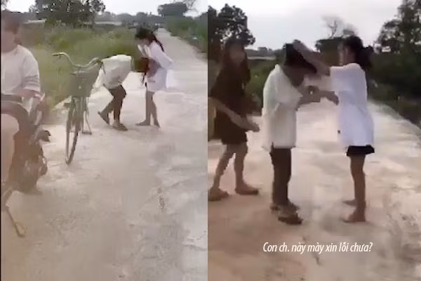 Nhóm nữ sinh có hành động hành hung, đe dọa nạn nhân phải xin lỗi. (Ảnh cắt từ clip)