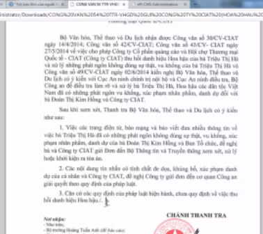 Công văn của Thanh tra Bộ Văn hóa Thể thao Du lịch Công văn của Thanh tra Bộ Văn hóa Thể thao Du lịch