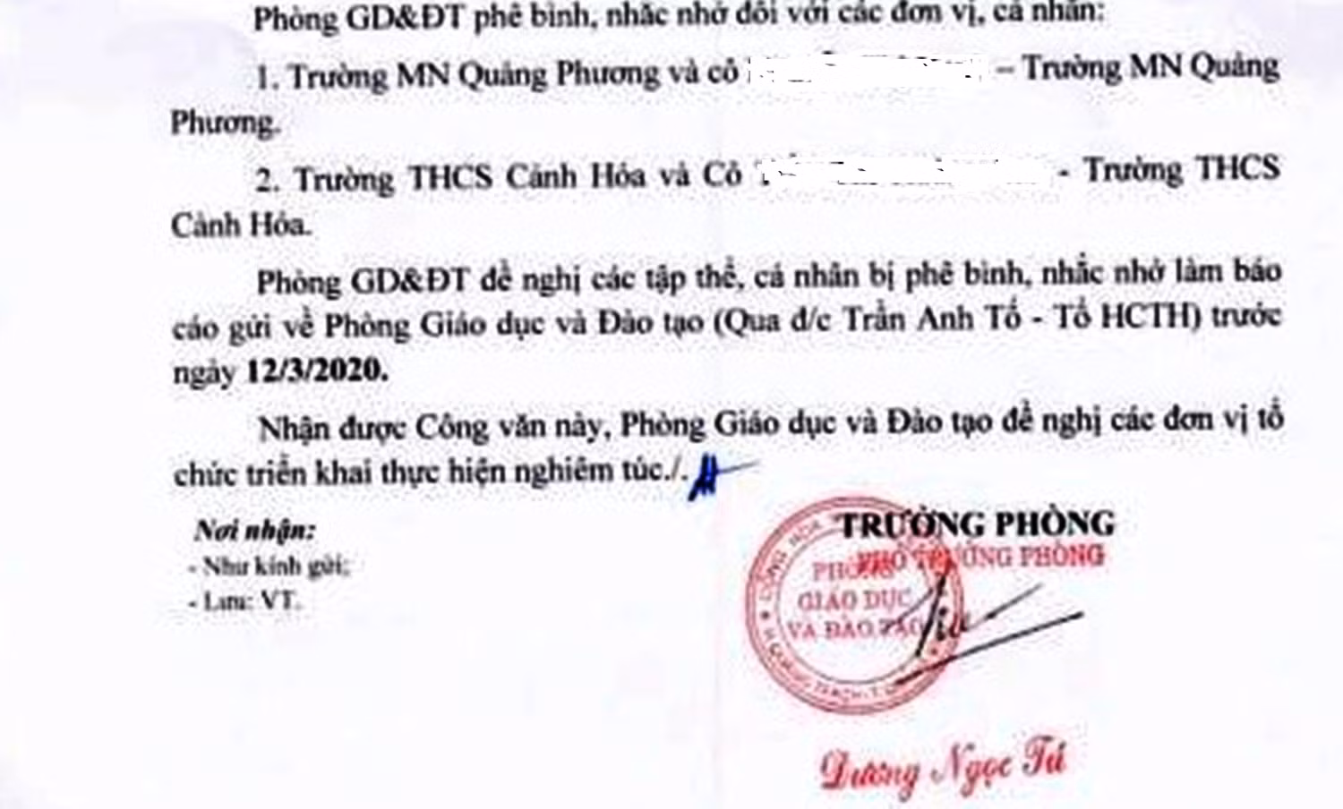 Công văn phê bình, nhắc nhở hai giáo viên sử dụng mạng xã hội thiếu chuẩn mực. Ảnh: NP