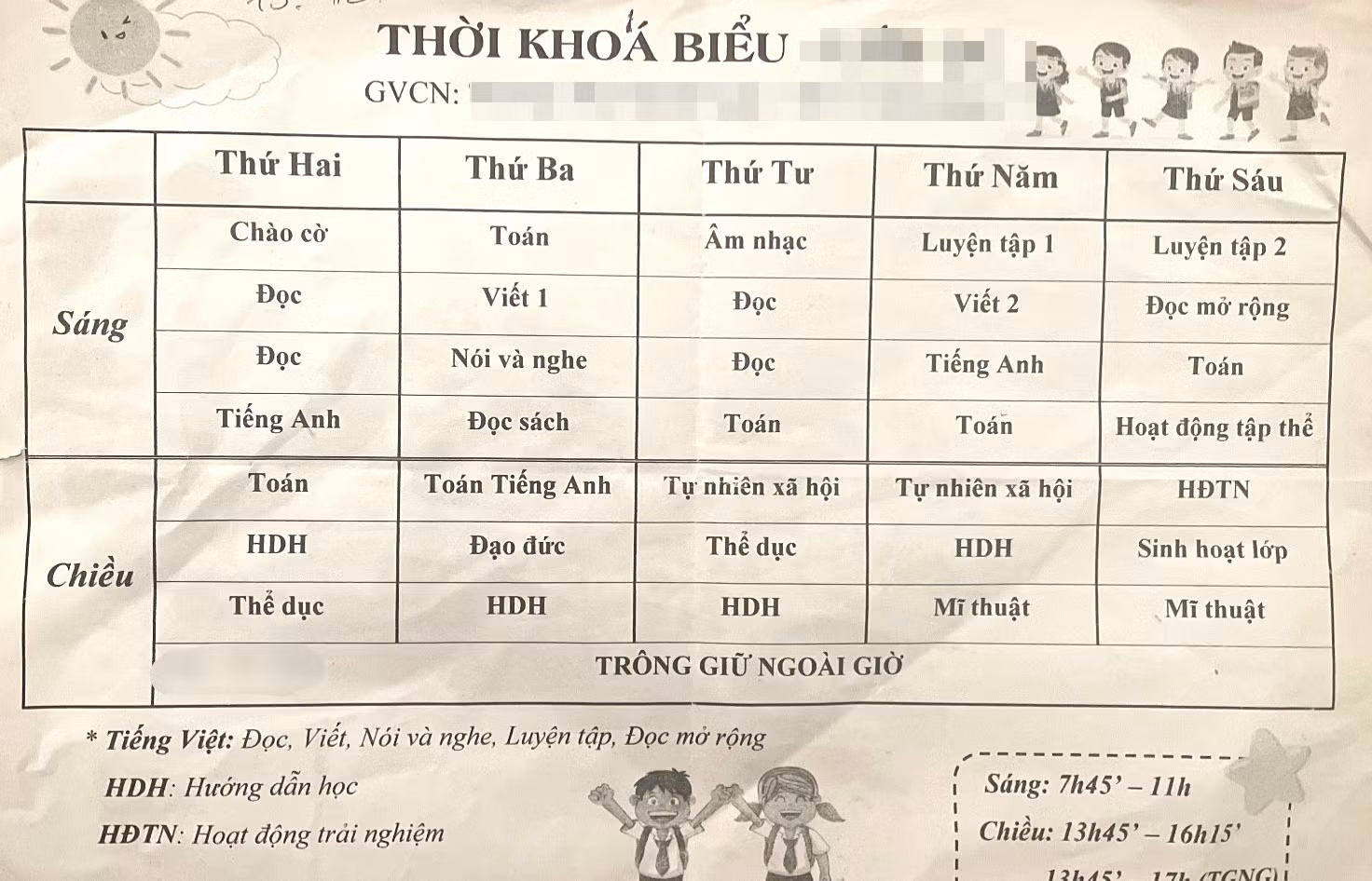 Thời khoá biểu đầu tháng 10 của một lớp 2. (Ảnh: PHCC)