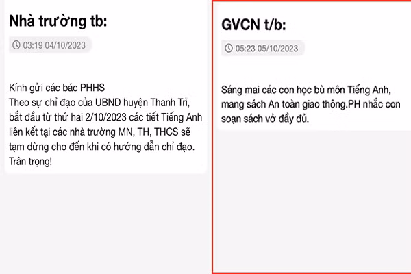 Thông báo của giáo viên chủ nhiệm, cùng nhà trường. (Ảnh: PHCC)