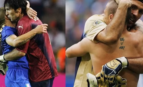 - Anh chàng điển trai Buffon khiến NHM không ít lần phải đặt câu hỏi bởi có quá nhiều tình cảm nồng nàn với đồng nghiệp, từ Canavaro…