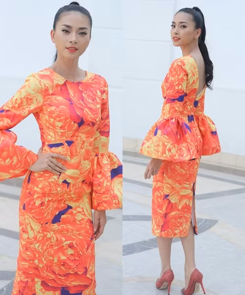 Thu hút mọi ánh nhìn với bộ đầm cam họa tiết nổi bật