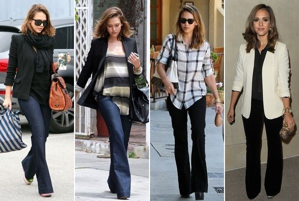 3. Quần jeans ống loe: Kiểu thời trang thập niên 70 này được rất nhiều Sao ưa chuộng bởi nó ăn gian được chiều cao đáng kể. Jessica Alba cũng không bỏ ngoài xu hướng này, cô nàng diện hàng loạt những chiếc quần kiểu dáng này kết hợp với áo sơ mi hay vest đều cực thời trang. Rất nhiều người đã học theo cách làm đẹp của kiều nữ này, tuy đơn giản nhưng rất hiệu quả để tạo vẻ bề ngoài quyến rũ cho mình.