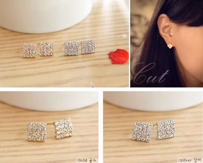 Mẫu hoa tai đính đá hình vuông tuy đơn giản nhưng cũng khiến bạn thêm duyên dáng và nữ tính hơn.
