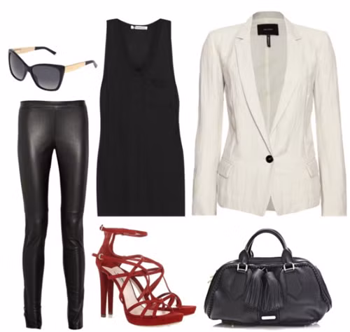 Áo khoác blazer màu trắng phối với áo pull khoét nách thụng dài trùm hôm và quần skinny PVC màu đen đặc trị bệnh "chân dài mình ngắn"