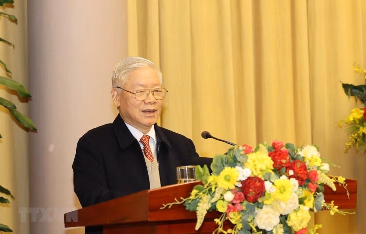 Tổng Bí thư, Chủ tịch nước Nguyễn Phú Trọng phát biểu tại Hội nghị triển khai nhiệm vụ năm 2021 của Văn phòng Chủ tịch nước. (Ảnh: Trí Dũng/TTXVN)