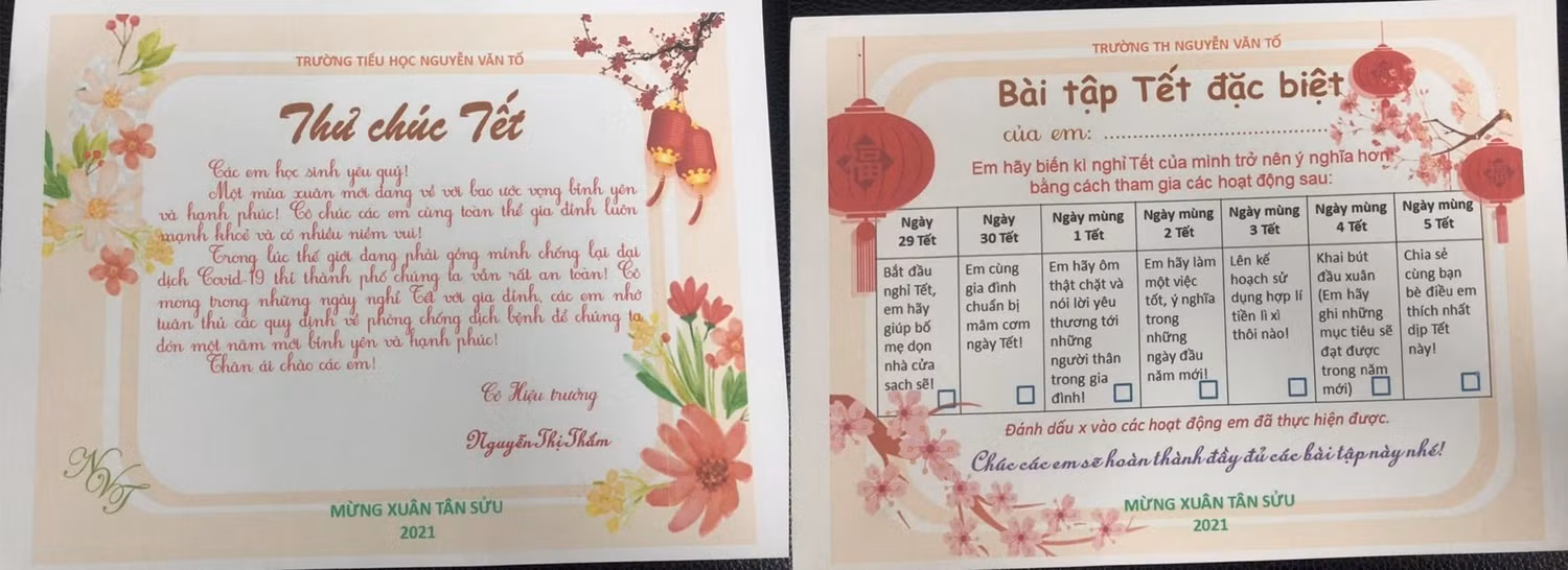 Phiếu bài tập Tết đặc biệt của Trường Tiểu học Nguyễn Văn Tố, phường Cát Dài, quận Lê Chân (Hải Phòng). Ảnh: Đình Hùng