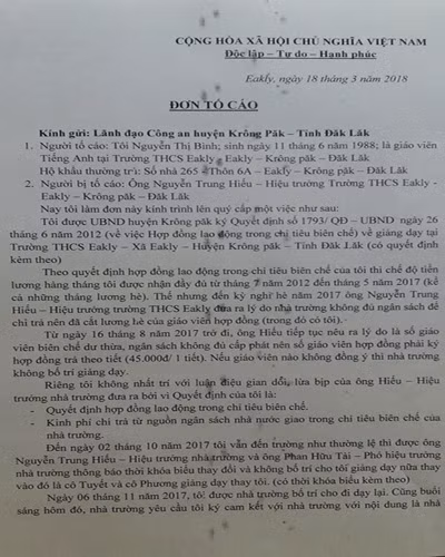 Trích đơn tố cáo của cô Bình gửi Công an huyện Krông Pắk, tỉnh Đắk Lắk (ảnh: P.L) Trích đơn tố cáo của cô Bình gửi Công an huyện Krông Pắk, tỉnh Đắk Lắk (ảnh: P.L)