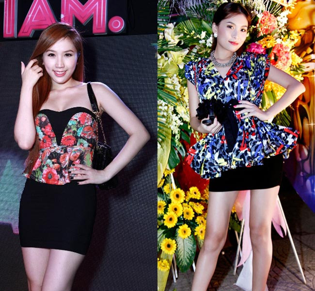 Áo peplum hoa phối chân váy đen mang lại phong cách tinh nghịch cho hai cô nàng Bảo Thy và Lan Hương.