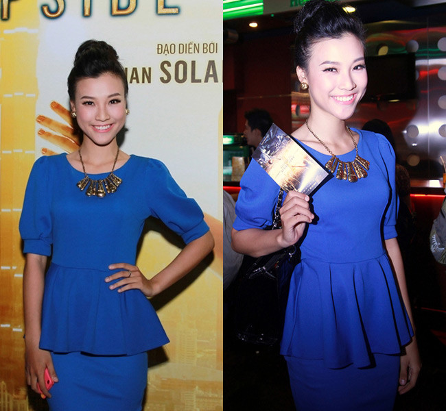 Hoàng Oanh thanh lịch và cổ điển với peplum xanh coban.